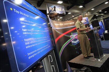 160217-N-HW977-386 SAN DIEGO, Calif. (Feb. 17, 2015) Capt. Stephen H. Murray, commanding officer of Naval Surface Warfare Center (NSWC), Corona Division, speaks during WEST 2016, a three-day conference co-sponsored by Armed Forces Communications and Electronics Association (AFCEA) and U.S. Naval Institute (USNI). Murray described bringing "Top Gun" to surface warfare, building a single metrology/calibration enterprise and using business intelligence to help the fleet plan maintenance availability. (U.S. Navy photo by Greg Vojtko/Released)