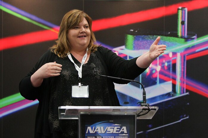 160217-N-HW977-664 SAN DIEGO, Calif. (Feb. 17, 2015) Jennifer Stewart, Naval Surface Warfare Center (NSWC), Corona Division technology transfer officer, speaks during WEST 2016, a three-day conference co-sponsored by Armed Forces Communications and Electronics Association (AFCEA) and U.S. Naval Institute (USNI). Earlier Rear Adm. Lorin Selby, NSWC commander, highlighted the intellectual capital of the warfare centers and their capability to deliver innovative technology to the warfighter. (U.S. Navy photo by Greg Vojtko/Released)