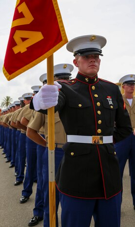 Private First Class Zachary T. Fraley, Platoon 3274, Mike Company, 3rd Recruit Training Battalion, stands at parade rest prior to graduation at Marine Corps Recruit Depot San Diego, April 15. Fraley is a Homer, Ala., native and was recruited out of Recruiting Station Anchorage. Annually, more than 17,000 males recruited from the Western Recruiting Region are trained at MCRD San Diego.