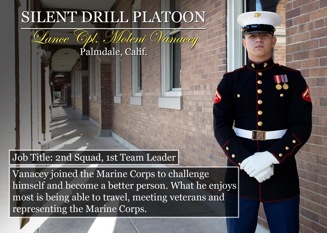 Lance Cpl. Moleni Vanacey
Palmdale, Calif.
Job Title: 2nd Squad, 1st Team Leader
Vanacey joined the Marine Corps to challenge himself and become a better person. What he enjoys most is being able to travel, meeting veterans and representing the Marine Corps.

(Official Marine Corps graphic by Cpl. Chi Nguyen/Released)
