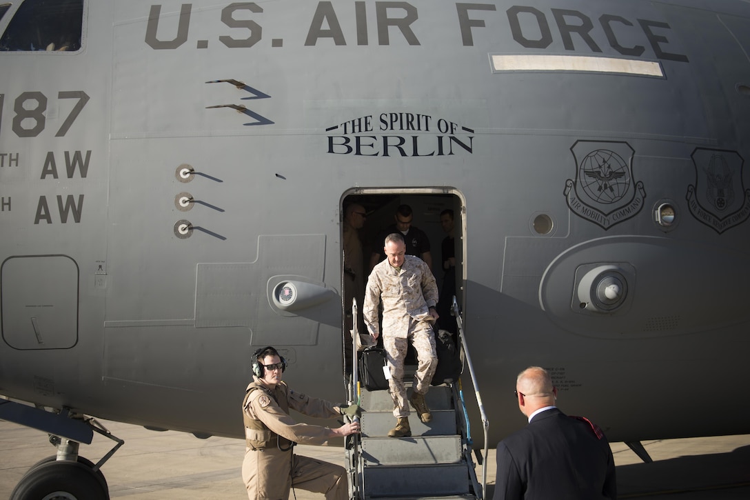 Marine Corps Gen. Joe Dunford, chairman of the Joint Chiefs of Staff, arrives at Baghdad International Airport in Baghdad, April 20, 2016. DoD photo by Navy Petty Officer 2nd Class Dominique A. Pineiro