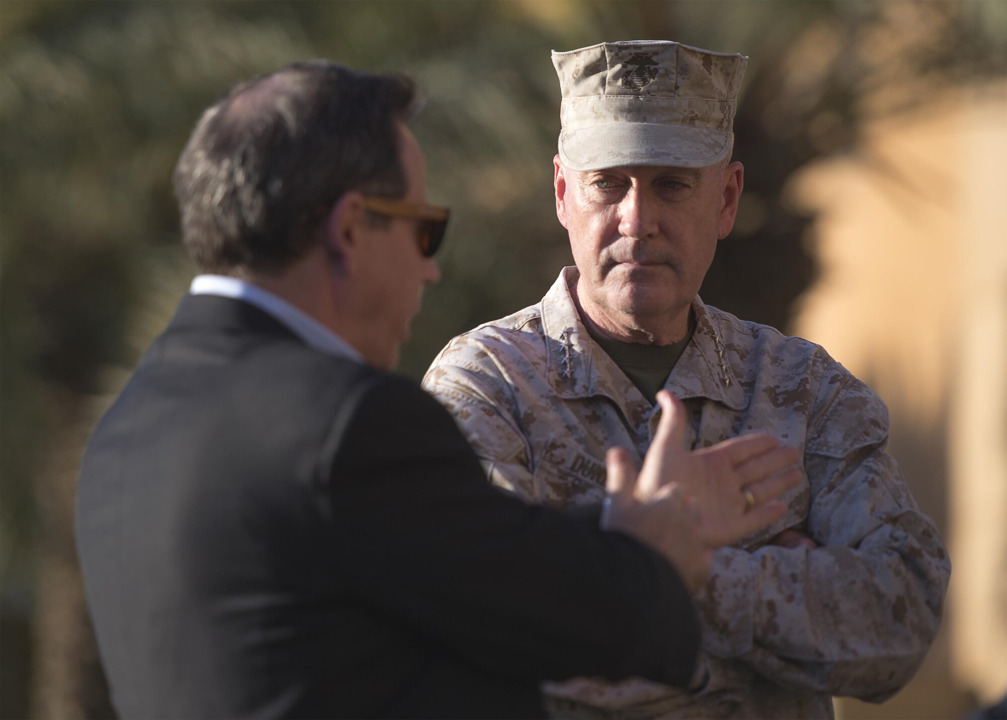 Marine Corps Gen. Joe Dunford, chairman of the Joint Chiefs of Staff, speaks to U.S. Ambassador to Iraq Stuart E. Jones, after arrving in Baghdad, April 20, 2016. DoD photo by Navy Petty Officer 2nd Class Dominique A. Pineiro