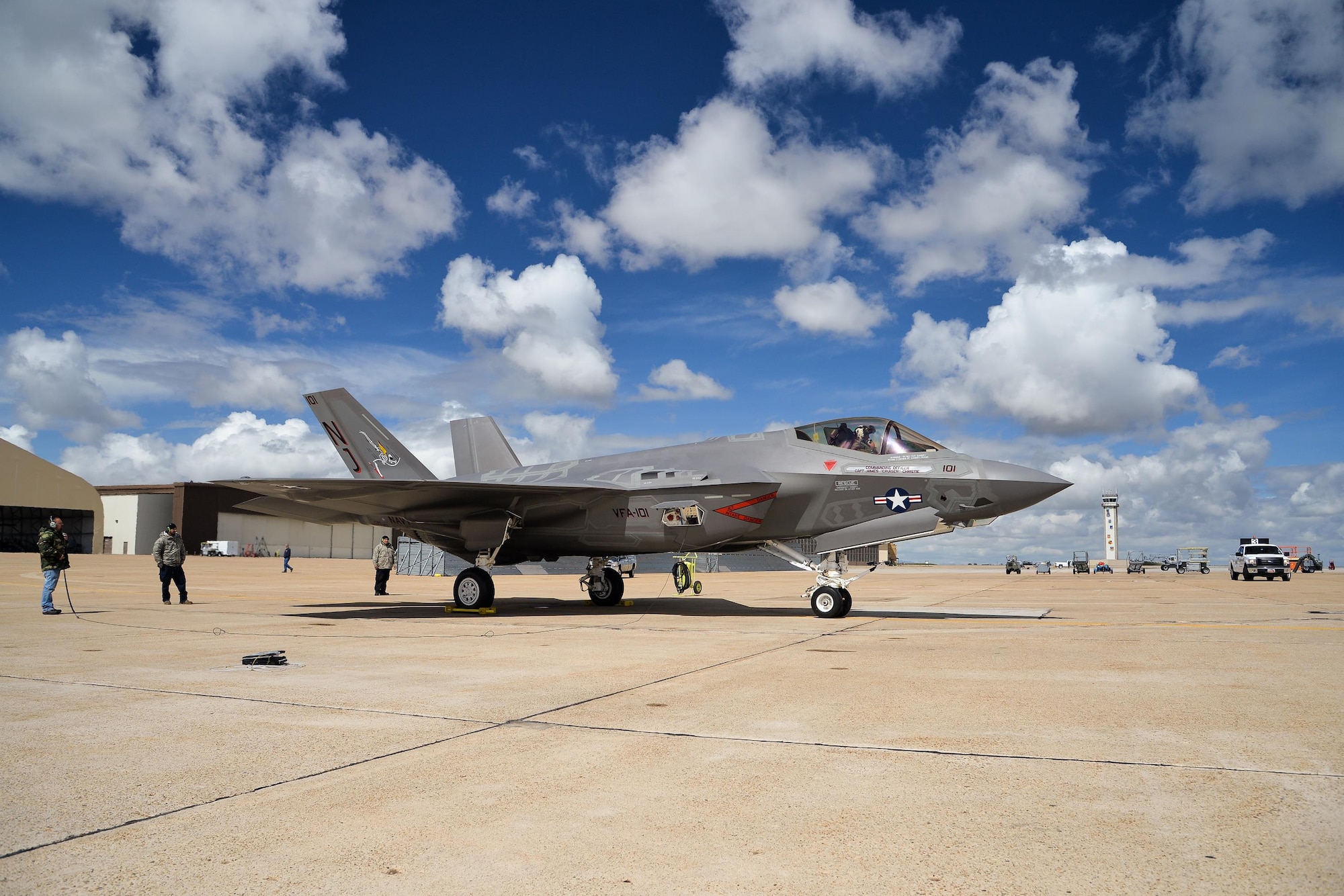 An F-35C Lightning II arrives April 15, 2016, at Hill Force Base, Utah. The aircraft is the first Navy variant to arrive at the base where it will undergo depot modifications through this summer. The aircraft is assigned to the Navy’s Strike Fighter Squadron 101 at Eglin AFB, Florida. (U.S. Air Force photo/R. Nial Bradshaw)