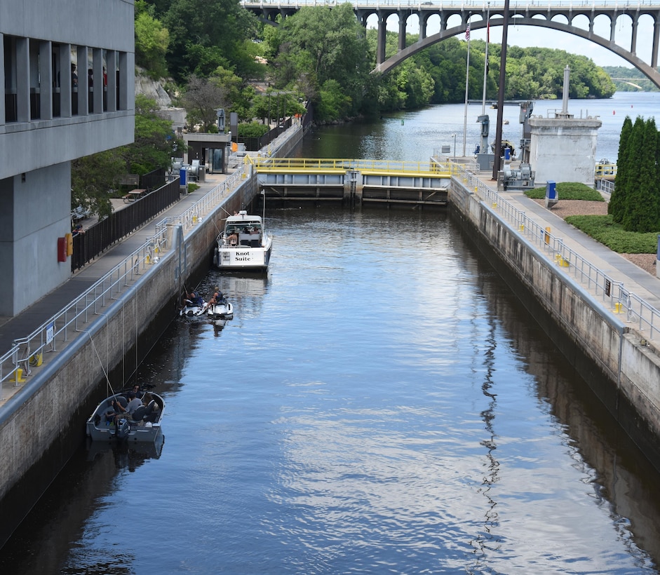 Upstream boaters are locked through at Lock and Dam 1 in Minneapolis.