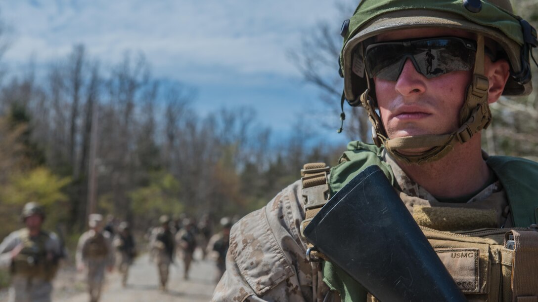 A student at the Marine Military Police Officers Basic Course leads a patrol during a field exercise at Fort Leonard Wood, Missouri, Apr. 14, 2016. The Marine MPOBC is a 70-day training course. (Official Marine Corps photo by Lance Cpl. Julien Rodarte/Released)