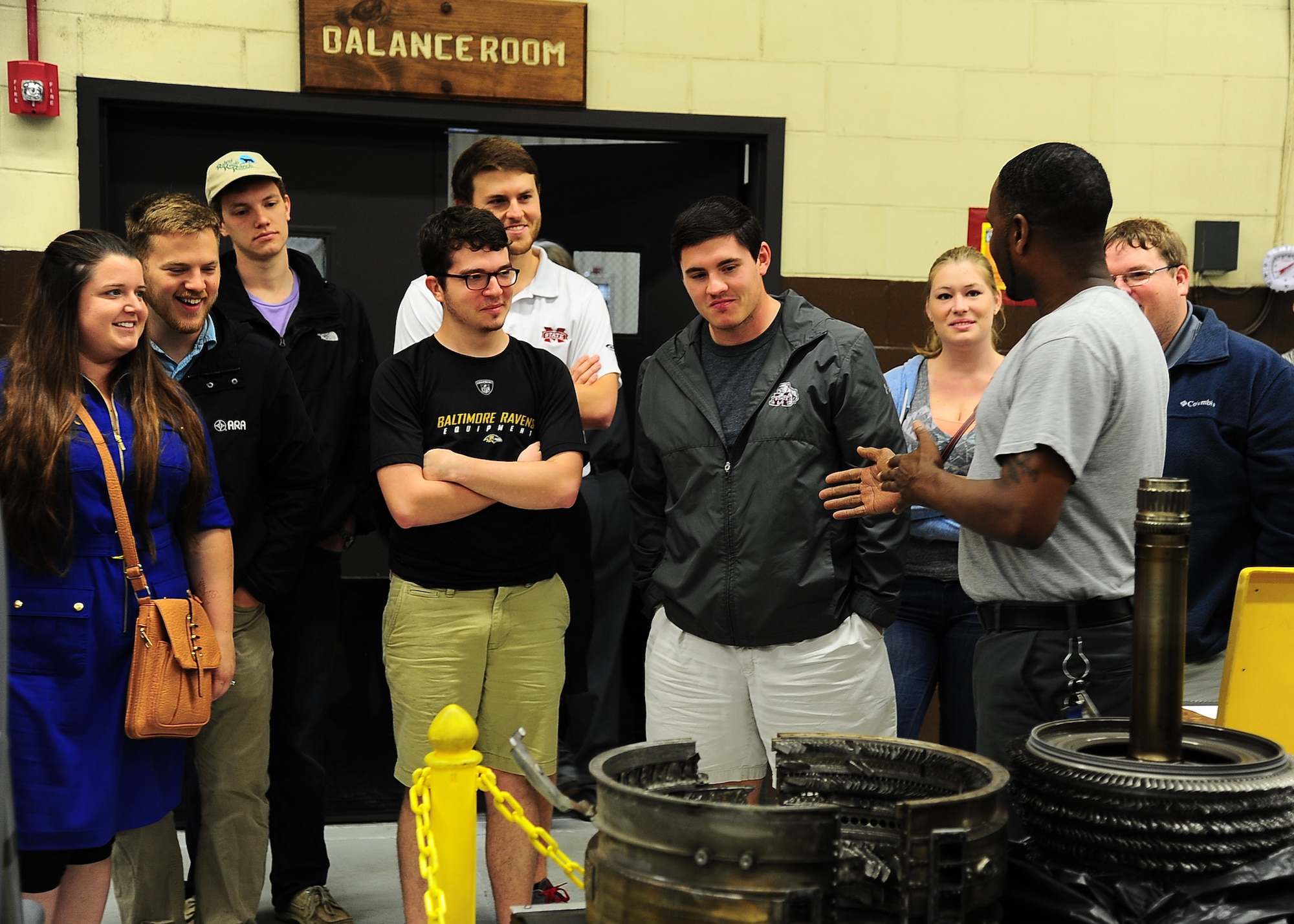 Rodney Williams, Engine Leadman with L-3 Communications, explains his job and role in the 14th Flying Training Wing mission to the Aerospace Engineering class from Mississippi State University during a tour April 12 on Columbus Air Force Base, Mississippi. The class toured the BLAZE hangar, propulsions lab, and the T-38C Talon test cell. (U.S. Air Force photo/Senior Airman Stephanie Englar)