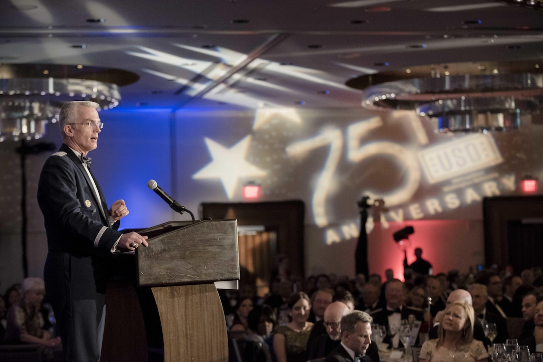 Air Force Gen. Paul J. Selva, vice chairman of the Joint Chiefs of Staff, delivers the keynote address during the USO of Metropolitan Washington-Baltimore’s annual awards dinner in Arlington, Va., April 19, 2016. The event, which highlighted the USO’s 75th anniversary, honored the service and sacrifices of U.S. troops and featured a tribute to special operations forces. DoD photo by Army Staff Sgt. Sean K. Harp