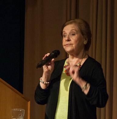 Marion Blumenthal Lazan, a survivor of the concentration camps and death trains of the Holocaust in Germany and Holland during World War II, shares her story of survival with an audience at Vance Air Force Base, Oklahoma, April 13. (U.S. Air Force photo/ Tech. Sgt. James Bolinger)