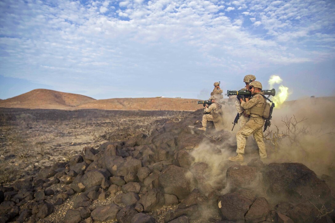Marines fire high-caliber rounds from an anti-tank weapon to hone firing skills in Djibouti, April 19,2016. The Marines are assigned to the 13th Marine Expeditionary Unit, which is conducting sustainment training to maintain proficiency and combat readiness. Marine Corps photo by Cpl. Alvin Pujols
