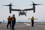 KUMAMOTO, Japan (April 19, 2016) - U.S. Marine Corps MV-22B Osprey lands aboard the destroyer helicopter ship JS Hyuga while supporting Japan's earthquake relief efforts near Kumamoto. The Osprey is assigned to Marine Medium Tiltrotor Squadron 265, 31st Marine Expeditionary Unit. 