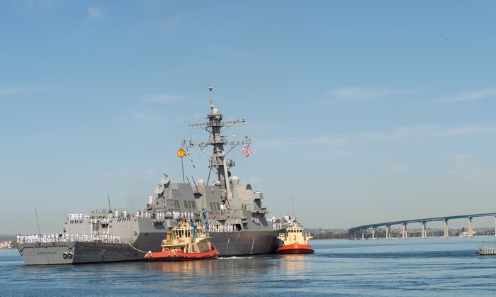 SAN DIEGO (April 19, 2016) USS Spruance (DDG 111) departs Naval Base San Diego for a scheduled deployment to the Western Pacific as part of Commander, U.S. Third Fleet Pacific Surface Action Group (PAC SAG).  Spruance, along with guided missile destroyers USS Decatur (DDG 73) and USS Momsen (DDG 92) and embarked "Devil Fish" and "Warbirds" detachments of Helicopter Maritime Strike Squadron (HSM) 49, will deploy as part of PAC SAG under Destroyer Squadron 31 (CDS-31). 