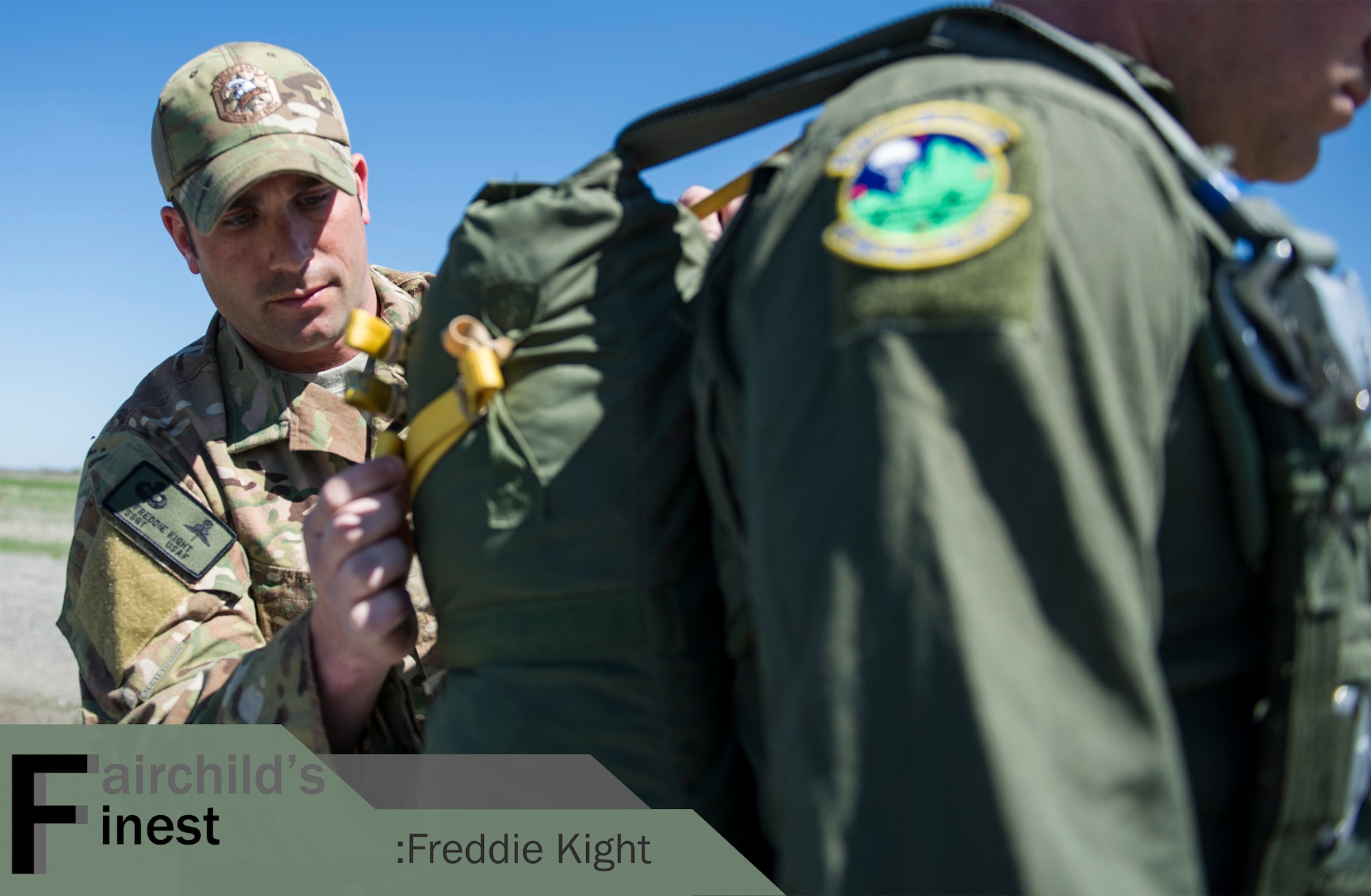 Staff Sgt. Freddie Kight, 22nd Training Squadron NCO in charge of parachute training, completes a Jump Master Parachute Inspection April 18, 2016, at Fairchild Air Force Base, Wash. Working in parachute training, Kight conducts emergency parachute training, morning and afternoon hoist training for S-V80-A students and many other tasks. His leadership selected him as one of Fairchild’s Finest, a weekly recognition program that highlights top-performing Airmen. (U.S. Air Force photo/Airman 1st Class Sean Campbell)