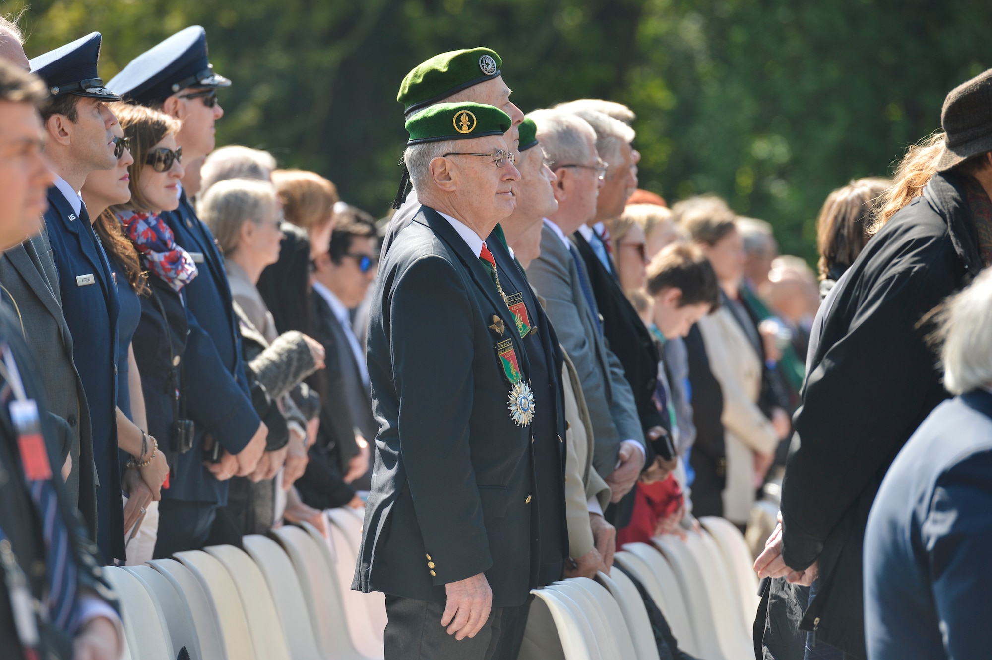 PARIS – French and American military and civilian representatives attend the Lafayette Escadrille Memorial 100th anniversary ceremony in Marnes-la-Coquette, France, April 20, 2016, during a ceremony honoring the 268 Americans who joined the French Air Force before the U.S. officially engaged in World War I. Airmen from the U.S. Air Force and their French counterparts, along with civilians from both countries, paid tribute to the men who served and the sacrifices of the 68 American airmen who died fighting with the French in World War I. The memorial highlights the 238-year alliance between the U.S. and France with their long history of shared values and sacrifice. (U.S. Air Force Photo by Tech. Sgt. Joshua DeMotts/Released)