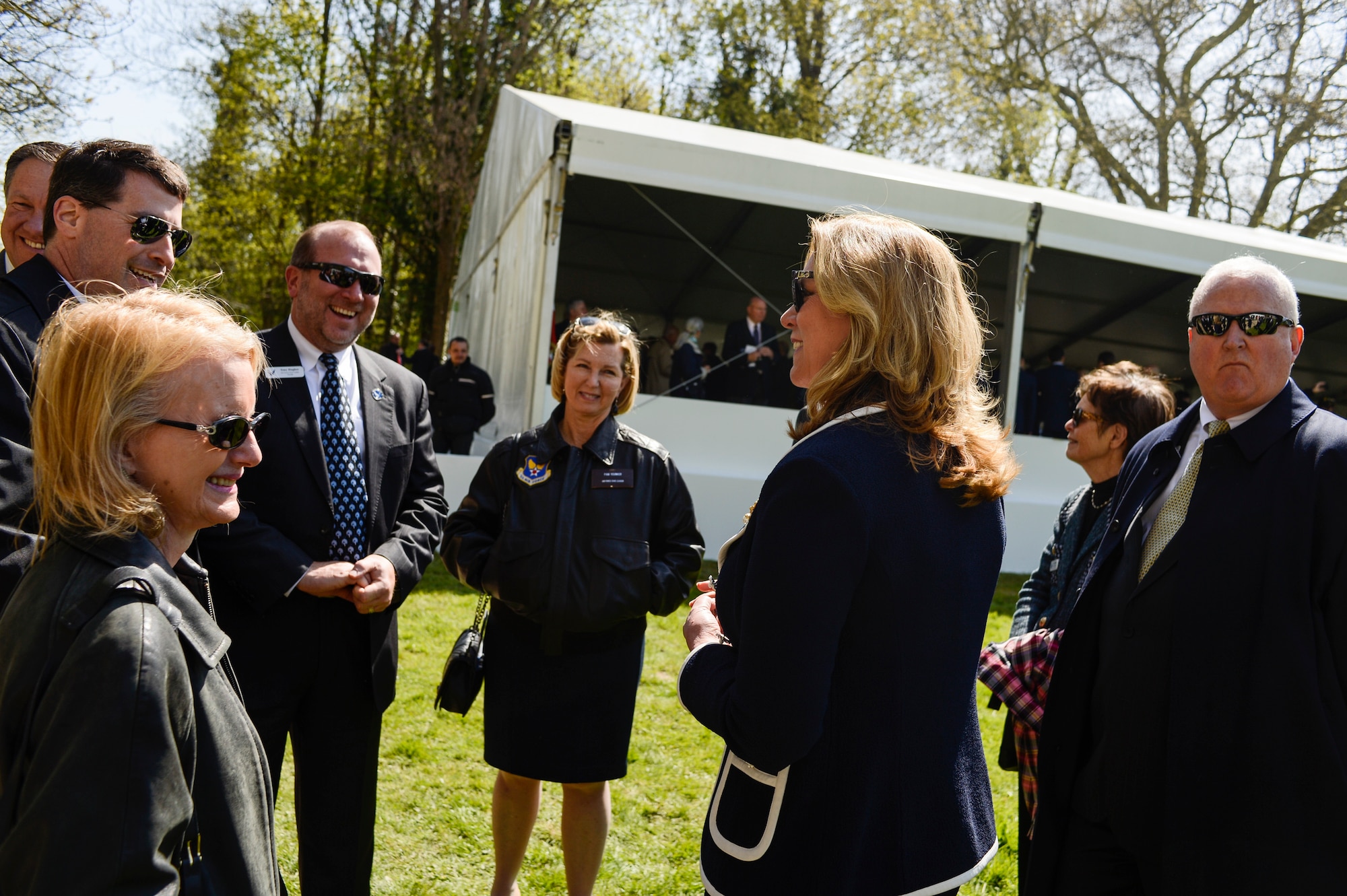 PARIS -- Secretary of the Air Force, Deborah Lee James, speaks with a group of Air Force civic leaders, unpaid advisors, key communicators and advocates for the Air Force, after the Lafayette Escadrille Memorial 100th anniversary ceremony in Marnes-la-Coquette, France, April 20, 2016. (U.S. Air Force Photo by Tech. Sgt. Joshua DeMotts/Released)