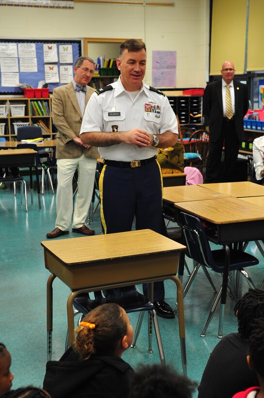 U.S. Army Col. William Galbraith, commander of the 733rd Mission Support Group, speaks about the importance of Month of the Military Child at Lee Hall Elementary School in Newport News, Va., April 12, 2016. Galbraith visited along with the governor of Virginia’s wife Dorothy McAuliffe. (U.S. Air Force photo by Angela Watson)