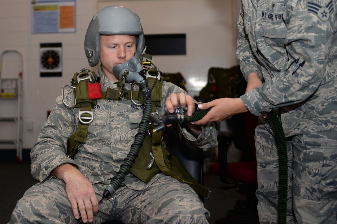 U.S. Air Force Maj. David McGraw, a combat rescue officer assigned to Air Combat Command, prepares for oxygen deprivation training at Langley Air Force Base, Va., April 19, 2016. Oxygen deprivation, commonly known as hypoxia, is one of the biggest threats to aircrew members.  (U.S. Air Force photo by Airman 1st Class Kaylee Dubois)