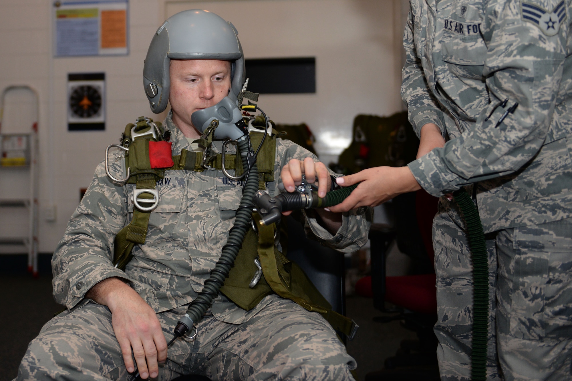 U.S. Air Force Maj. David McGraw, a combat rescue officer assigned to Air Combat Command, prepares for oxygen deprivation training at Langley Air Force Base, Va., April 19, 2016. Oxygen deprivation, commonly known as hypoxia, is one of the biggest threats to aircrew members.  (U.S. Air Force photo by Airman 1st Class Kaylee Dubois)