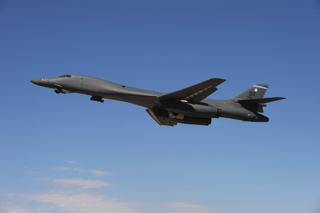 A B-1B Lancer takes off, April 10, 2016, at Dyess Air Force Base, Texas. The 7th Bomb Wing supported Exercise Constant Vigilance 16, an annual Air Force Global Strike Command training event conducted to test the command’s ability to support conventional and nuclear missions. (U.S. Air Force photo by Airman 1st Class Rebecca Van Syoc/Released)