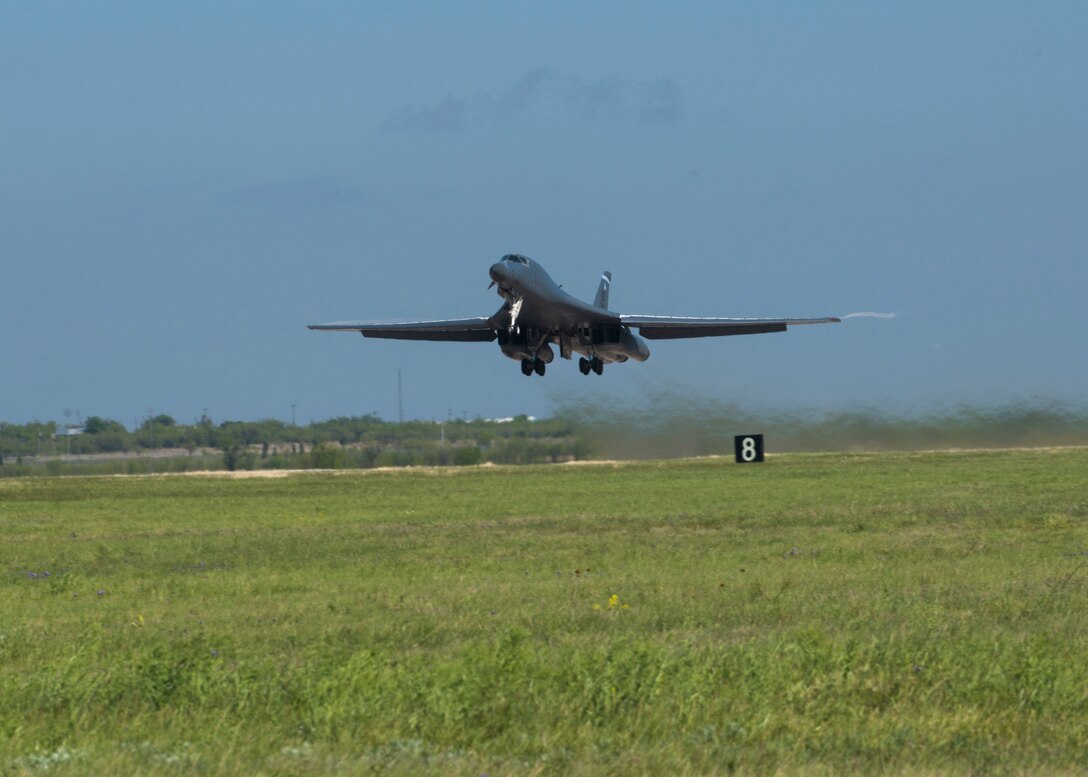 A B-1B Lancer takes off, April 10, 2016, at Dyess Air Force Base, Texas. B-1B Lancers flew in support of Exercise Constant Vigilance 16, an annual Air Force Global Strike Command training event that exercises the command’s ability to support its conventional and nuclear missions. (U.S. Air Force photo by Airman 1st Class Katherine Miller/Released)