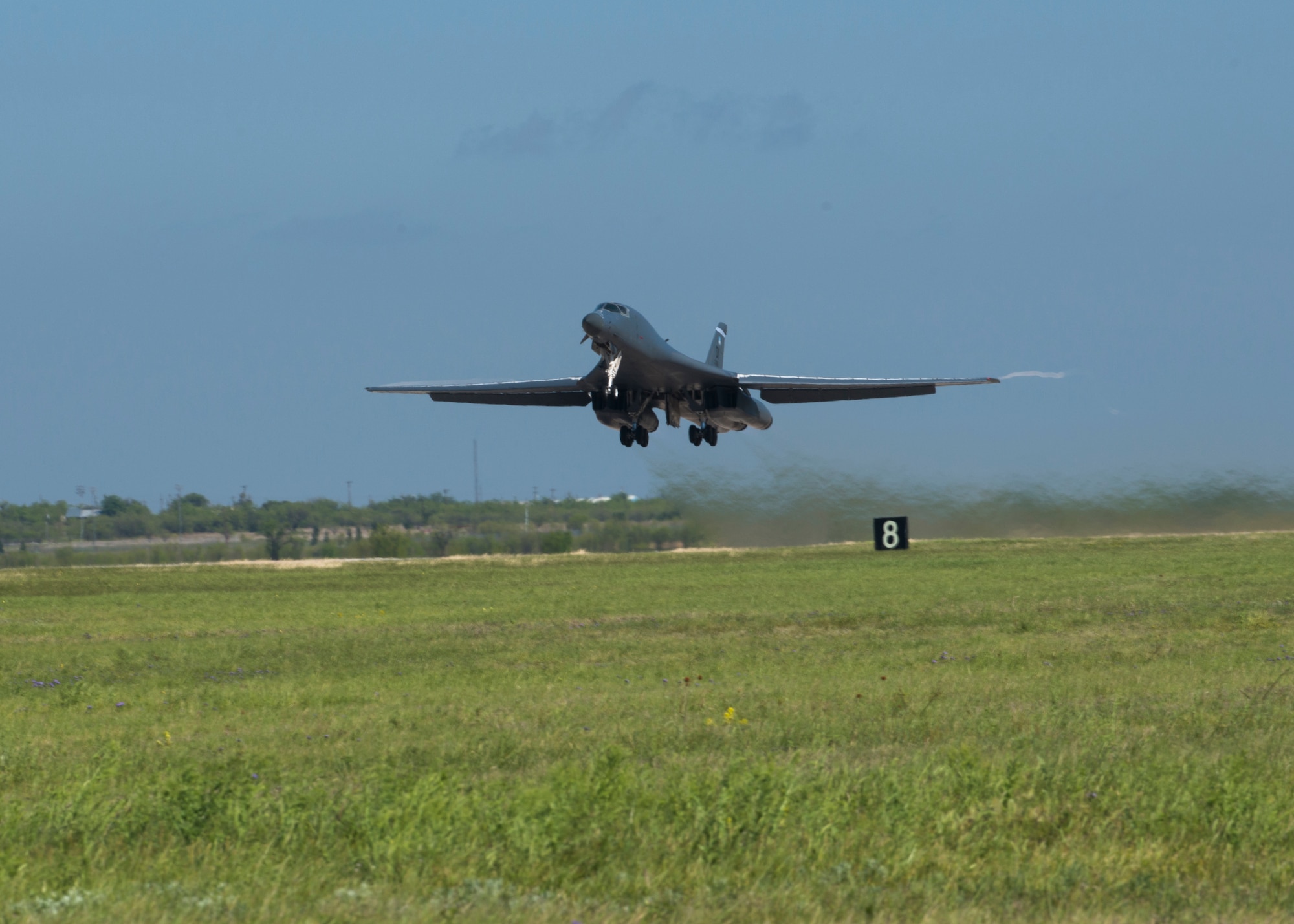A B-1B Lancer takes off, April 10, 2016, at Dyess Air Force Base, Texas. B-1B Lancers flew in support of Exercise Constant Vigilance 16, an annual Air Force Global Strike Command training event that exercises the command’s ability to support its conventional and nuclear missions. (U.S. Air Force photo by Airman 1st Class Katherine Miller/Released)