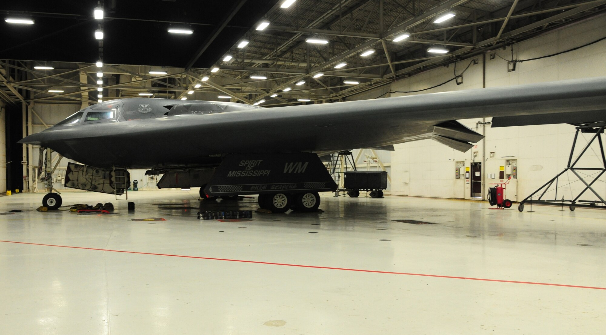 A B-2 Spirit awaits loading procedures during the CONSTANT VIGILANCE 16 exercise at Whiteman Air Force Base, Mo., April 12, 2016. The exercise included simultaneous elements that tested and refined Air Force Global Strikes policies, training and techniques at the tactical and operational levels. (U.S. Air Force photo by Airman 1st Class Keenan Berry)
