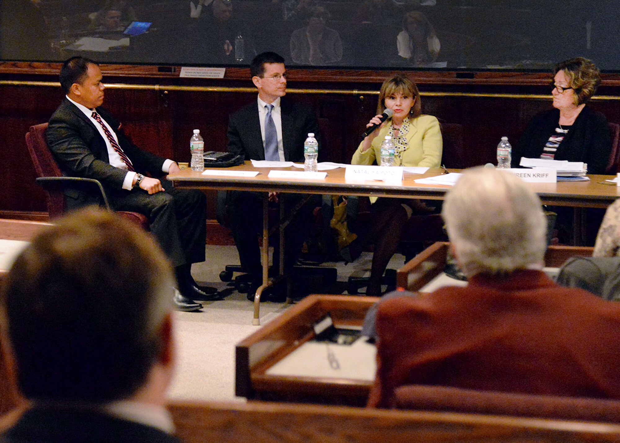 Nataliya Poto, representing the Asperger/Autism Network, speaks during The Value of Hiring Individuals with Disabilities panel discussion at the conference center on base April 19. Also participating in the panel discussion, from left-to-right, is Joe Buizon, representing the Massachusetts Commission for the Blind; Dan McFadden, also from the Asperger/Autism Network; Maureen Kriff, representing the Mass. Rehab Commission; and not pictured is Susan Welby, representing the Epilepsy Foundation of New England. (U.S. Air Force photo by Linda LaBonte Britt)