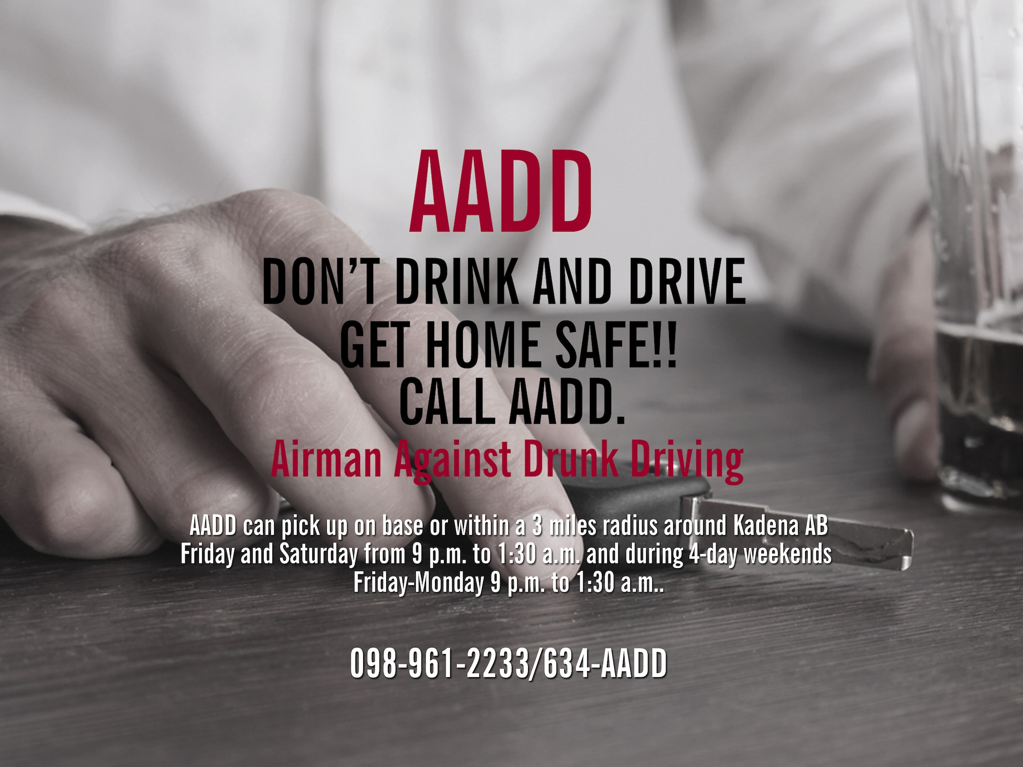 The Airmen Against Drunk Driving program’s primary mission is to assist the members of Kadena Air Base with an organized designated-driver program by providing safe, anonymous and free rides to residences in support of preventing alcohol-related incidents. (Graphic by Naoko Shimoji)