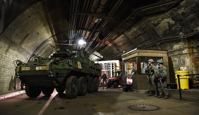 CHEYENNE MOUNTAIN AIR FORCE STATION, Colo. - Soldiers and Stryker vehicles from the 4th Infantry Division, 1st Stryker Brigade Combat Team at Fort Carson, Colo., conduct an exercise at Cheyenne Mountain Air Force Station, Colo., April 13, 2016. Existing support agreements enable Fort Carson to respond to the Mountain in the event of a real world situation. (U.S. Air Force photo by Airman 1st Class Dennis Hoffman)