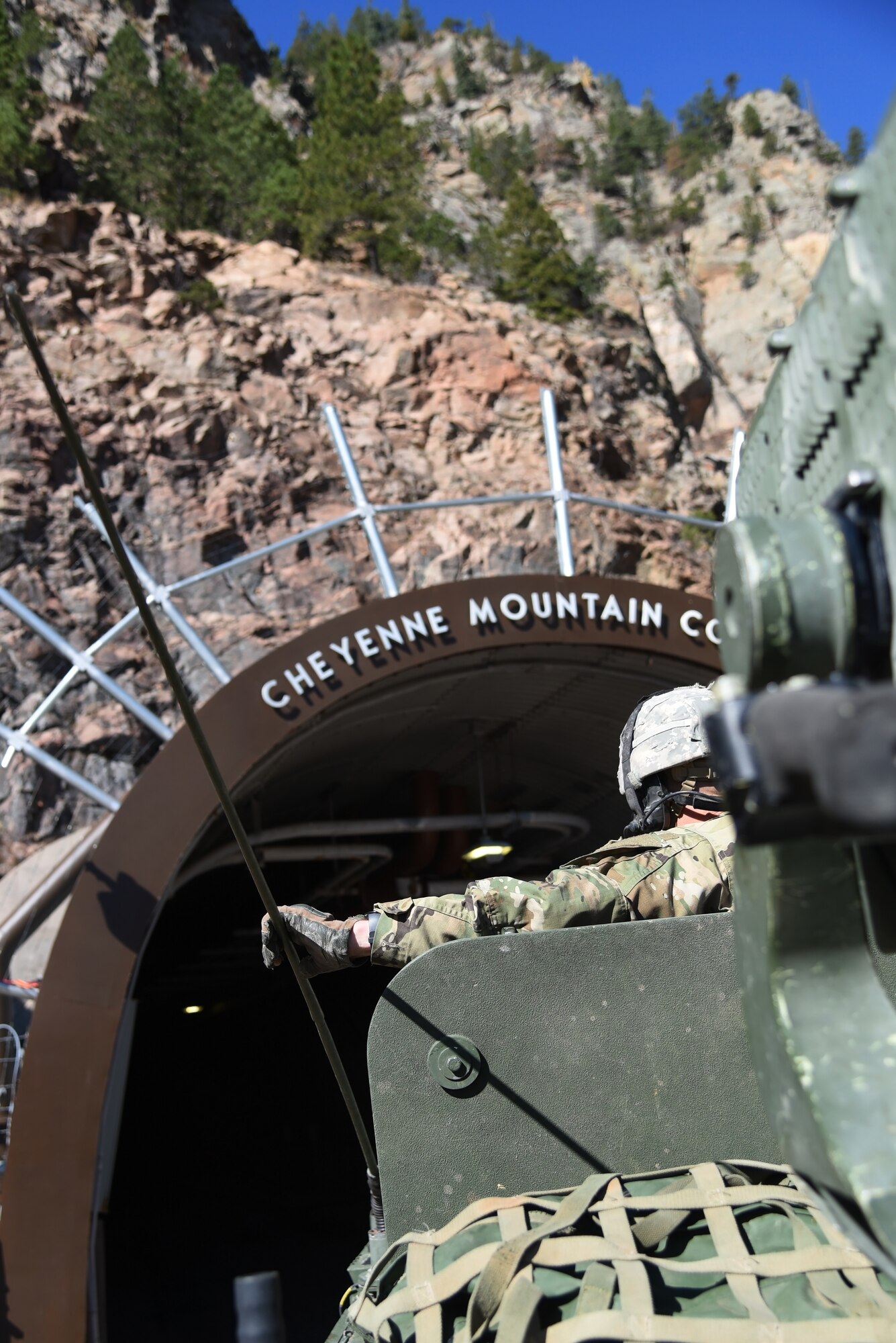 CHEYENNE MOUNTAIN AIR FORCE STATION, Colo. - Soldiers and Stryker vehicles from the 4th Infantry Division, 1st Stryker Brigade Combat Team at Fort Carson, Colo., conduct an exercise at Cheyenne Mountain Air Force Station, Colo., April 13, 2016. Existing support agreements enable Fort Carson to respond to the Mountain in the event of a real world situation. (U.S. Air Force photo by Airman 1st Class Dennis Hoffman)
