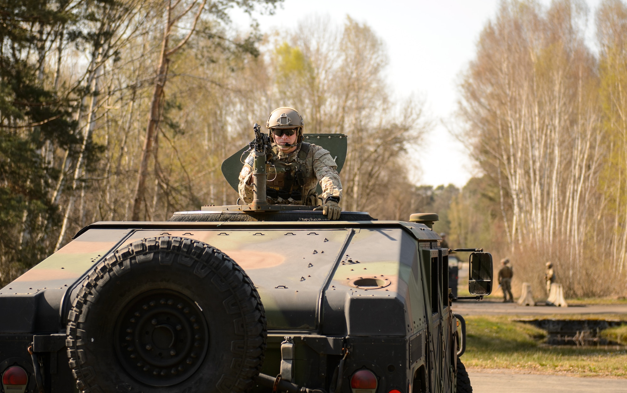 A 435th Security Forces Squadron member trains with his group at Ramstein Air Base, Germany, April 11, 2016. The 435th SFS and members of the 435th Contingency Response Group practiced tactics they needed to deploy in preparation for a future mission. (U.S. Air Force photo/Staff Sgt. Armando A. Schwier-Morales)