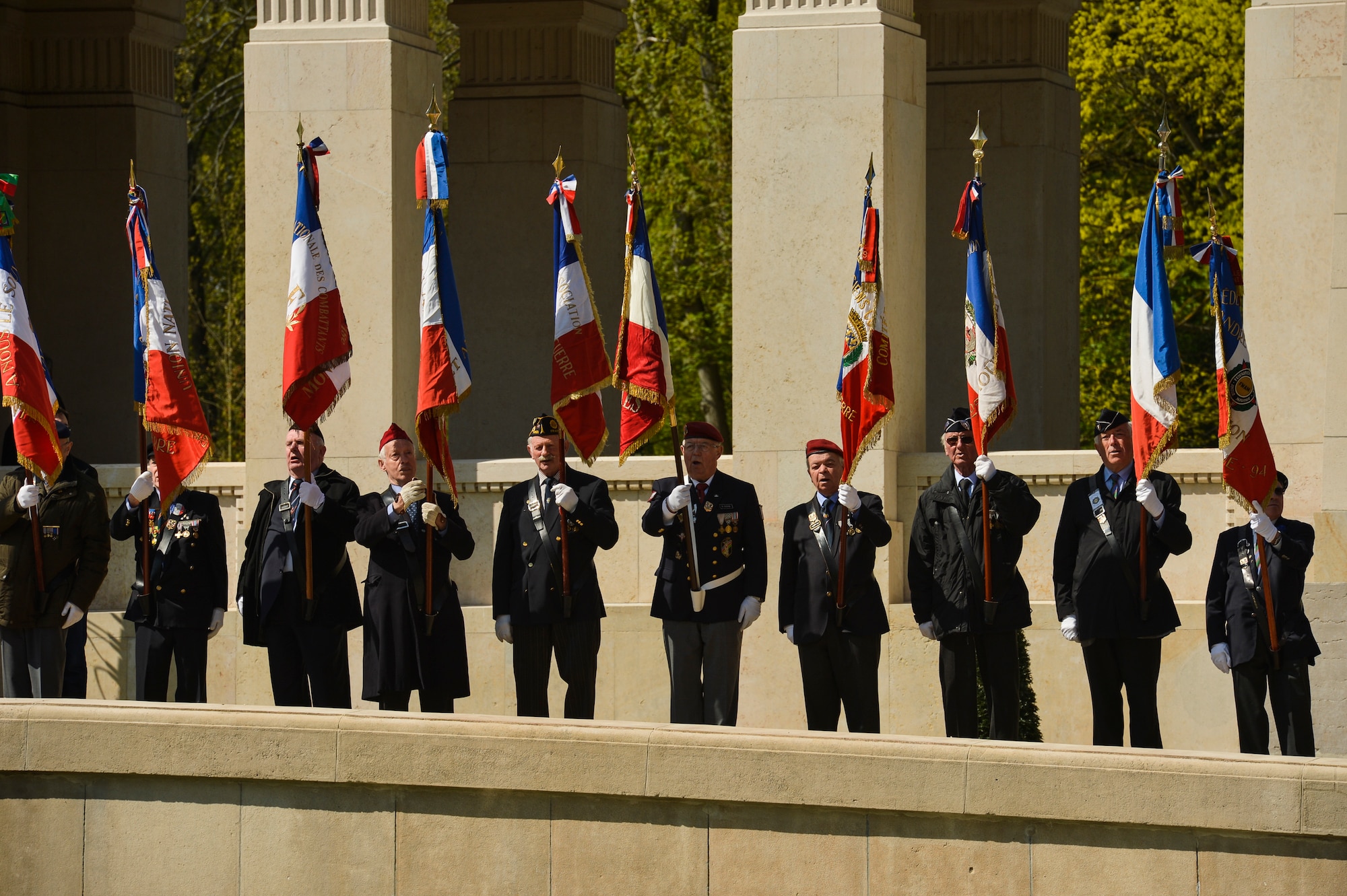 PARIS – French veterans bear the colors during the Lafayette Escadrille Memorial 100th anniversary ceremony in Marnes-la-Coquette, France, April 20, 2016. The ceremony honored the more than 200 Americans who fought with France in the Lafayette Flying Corps prior to the U.S. entry into World War I. The ceremony also paid tribute to the 68 American Airmen who died while serving with the unit while highlighting the 238-year alliance between the U.S. and France with their long history of shared values and sacrifice. (U.S. Air Force Photo by Tech. Sgt. Joshua DeMotts/Released)