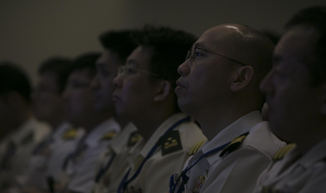 Japan Self-Defense Force service members, attending the Joint Staff College, received a presentation on the Marine Air-Ground Task Force and III Marine Expeditionary Force’s chain of command during a visit to Camp Courtney, Okinawa, Japan on April 16, 2016. The presentation clarified the different sizes and capabilities of different MAGTFs and III MEF’s capabilities in the Pacific.
(U.S. Marine Corps photo by Cpl. William Hester/ Released)