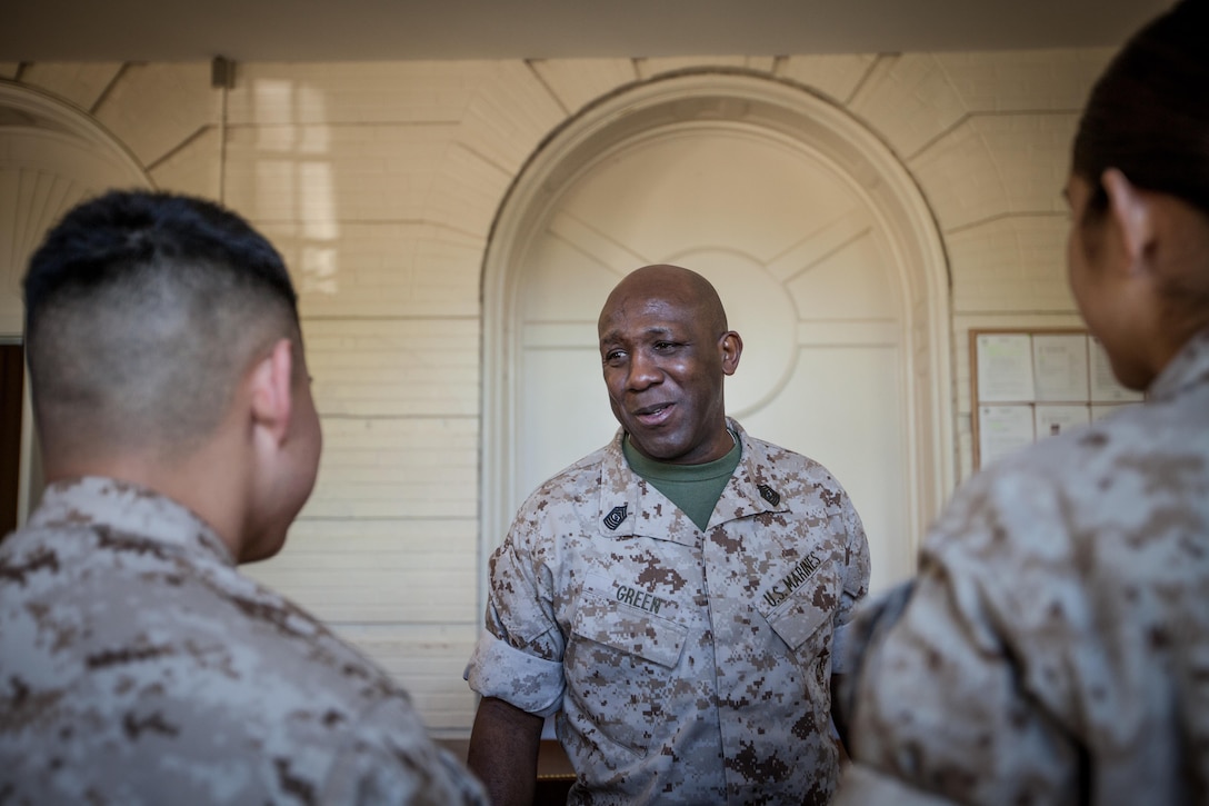 The 18th Sergeant Major of the Marine Corps, Ronald L. Green, visits Marines assigned to Marine Corps Base Quantico, VA., Apr. 20, 2016. (U.S. Marine Corps photo by Sgt. Melissa Marnell, Office of the Sergeant Major of the Marine Corps/Released)