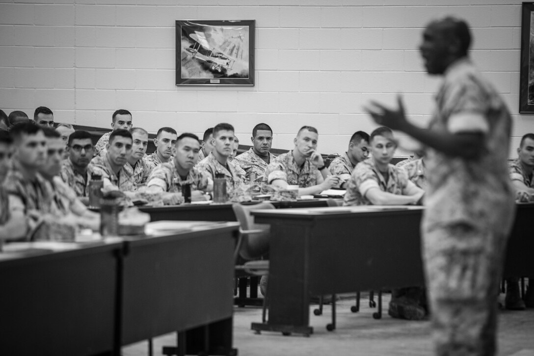 The 18th Sergeant Major of the Marine Corps, Ronald L. Green, visits Marines assigned to Alpha Company, The Basic School, Quantico, VA., Apr. 20, 2016. (U.S. Marine Corps photo by Sgt. Melissa Marnell, Office of the Sergeant Major of the Marine Corps/Released)