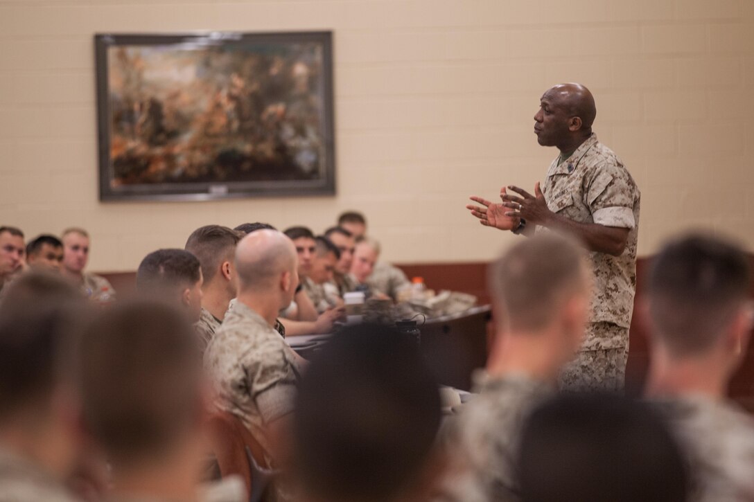 The 18th Sergeant Major of the Marine Corps, Ronald L. Green, visits Marines assigned to Alpha Company, The Basic School, Quantico, VA., Apr. 20, 2016. (U.S. Marine Corps photo by Sgt. Melissa Marnell, Office of the Sergeant Major of the Marine Corps/Released)