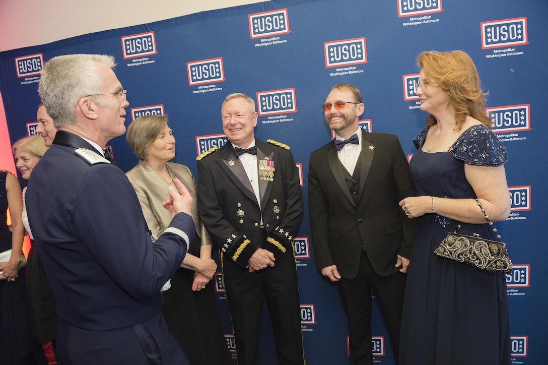 Air Force Gen. Paul J. Selva, vice chairman of the Joint Chiefs of Staff, meets Army National Guard Sgt. 1st Class Jon Meadows and his wife Melissa during the USO Metropolitan Washington-Baltimore annual awards dinner, in Arlington, Va., April 19, 2016.  Jon and Melissa received USO Metropolitan Washington-Baltimore's Colonel John Gioia Patriot Award.  DoD photo by Army Staff Sgt. Sean K. Harp