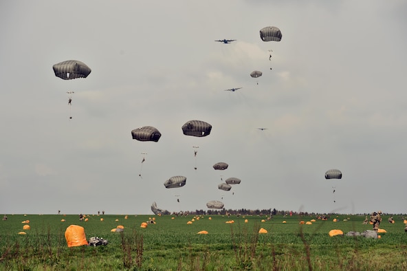 Paratroopers from the 173rd Airborne Brigade, Italian Folgore Brigade and U.K.’s 16th Air Assault Brigade conduct airborne operations on the Maneuver Rights Area near Hohenfels, Germany during exercise Saber Junction 16, April 12, 2016.The Air Force Reserve's 815th Airlift Squadron, based at Keesler Air Force Base, Mississippi, participated in the exercise, which assessed the readiness of the U.S. Army's 173rd Airborne Brigade to conduct land operations in a joint, combined environment and to promote interoperability with participating Allied and partner nations. Countries participating in the exercise include Albania, Armenia, Bosnia and Herzegovina, Bulgaria, Hungary, Italy, Latvia, Lithuania, Macedonia, Moldova, Romania, Serbia, Slovenia, Sweden, the United Kingdom and the United States. (U.S. Army photo/Gertrud Zach)