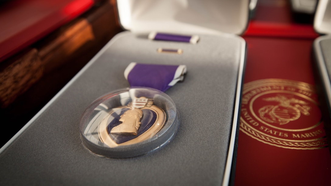 The families of Gunnery Sgt. Thomas J. Sullivan, Staff Sgt. David Wyatt, Sgt. Carson Holmquist, and Lance Cpl. Squire Wells, are presented the Purple Heart honoring the Marines sacrifice, at the Hunter Museum of American Art in Chattanooga, Tenn., April 20, 2016. The Marines were honored for giving their lives to protect others when they were attacked by a gunman at the Naval Operational Support Center and Marine Corps Reserve Center in Chattanooga on July 16, 2015.