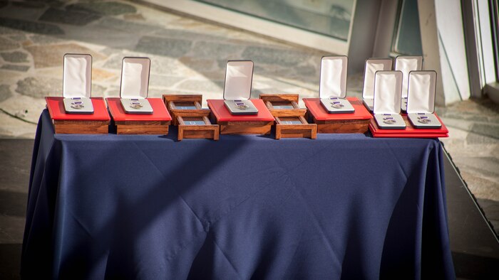 Purple Hearts line the table, during a Purple Heart presentation ceremony dedicated to Gunnery Sgt. Thomas J. Sullivan, Staff Sgt. David Wyatt, Sgt. Carson Holmquist, and Lance Cpl. Squire Wells at the Hunter Museum of American Art in Chattanooga, Tenn., April 20, 2016. The Marines were honored for giving their lives to protect others when they were attacked by a gunman at the Naval Operational Support Center and Marine Corps Reserve Center in Chattanooga on July 16, 2015. 