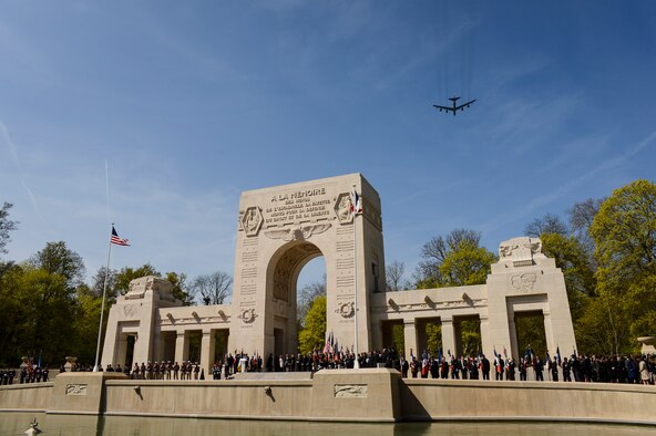 A U.S. Air Force B-52 Stratofortress flies over the Lafayette Escadrille Memorial in Marnes-la-Coquette, France, April 20, 2016, during a ceremony honoring the 268 Americans who joined the French air force before the U.S. officially engaged in World War I. In addition to the B-52, four U.S. Air Force F-22 Raptors, four French air force Mirage 2000Ns and a WW I-era Steerman PT-17 biplane performed flyovers during the ceremony commemorating the 100th anniversary of the Layfette Escadrille's formation. Men of the Lafayette Escadrille and Lafayette Flying Crops were critical to the formation of the U.S. Air Force.  (U.S. Air Force photo/Tech. Sgt. Joshua DeMotts)