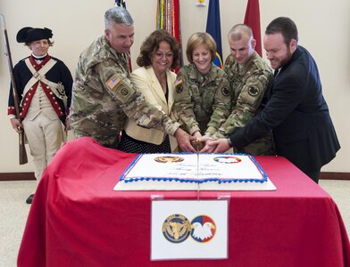 Sgt. Maj. Harry Bennett, U.S. Army Reserve Command G-3/5/7 sergeant major; Hilda Griffin, Maj. Gen. Megan P. Tatu, U.S. Army Reserve chief of staff; Sgt. 1st Class James Kodes, and Nathan Galbreath, USARC G-4, cut the ceremonial birthday cake during the 108th birthday celebration of the U.S. Army Reserve, April 20, 2016, at the command's headquarters, Fort Bragg, N.C. The U.S. Army Reserve was founded April 23, 1908, when Congress authorized the Army to establish a Medical Reserve Corps, the official predecessor of the U.S. Army Reserve. Over the years, U.S. Army Reserve Soldiers have participated in every major military campaign to include; World War I, World War II, Korean War, Cold War, Desert Shield/Desert Storm and the Global War on Terrorism. Today, approximately 200,000 U.S. Army Reserve Soldiers serve around the globe.