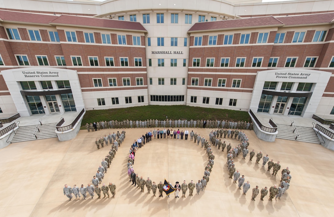 Soldiers and civilians assigned to the U.S. Army Reserve Command headquarters at Fort Bragg, N.C. form the number 1-0-8 in honor of the 108th anniversary of the of the U.S. Army Reserve. The U.S. Army Reserve was founded April 23, 1908, when Congress authorized the Army to establish a Medical Reserve Corps, the official predecessor of the U.S. Army Reserve. Over the years, U.S. Army Reserve Soldiers have participated in every major military campaign to include; World War I, World War II, Korean War, Cold War, Desert Shield/Desert Storm and the Global War on Terrorism. Today, approximately 200,000 U.S. Army Reserve Soldiers serve around the globe.