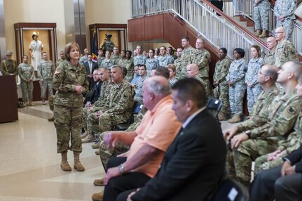 Maj. Gen. Megan P. Tatu, U.S. Army Reserve chief of staff, addresses soldiers and civilians assigned to the U.S. Army Reserve Command headquarters at Fort Bragg, N.C., April 20, 2016, to celebrate 108th anniversary of the of the U.S. Army Reserve. The U.S. Army Reserve was founded April 23, 1908, when Congress authorized the Army to establish a Medical Reserve Corps, the official predecessor of the U.S. Army Reserve. Over the years, U.S. Army Reserve Soldiers have participated in every major military campaign to include; World War I, World War II, Korean War, Cold War, Desert Shield/Desert Storm and the Global War on Terrorism. Today, approximately 200,000 U.S. Army Reserve Soldiers serve around the globe.