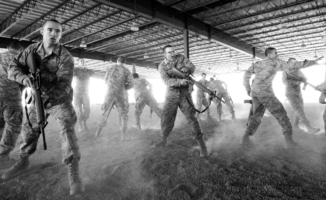 Combat Training: Trainees practice proper security procedures before being sent out to their field training exercise in San Antonio, Oct. 28, 2015. The weeklong event exposes the trainees to conditions similar to what they'd see in a deployed environment and also gives the trainees an opportunity to work together as a team without the guidance of their instructors. U.S. Air Force photo by Staff Sgt. Christopher Griffin