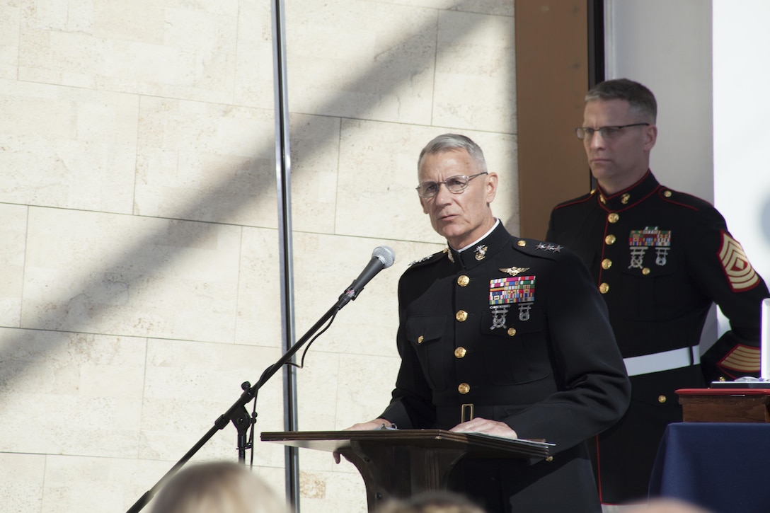 Lt. Gen. Rex C. McMillian, Commander, Marine Forces Reserve, addresses the families of Gunnery Sgt.  Thomas J. Sullivan, Staff Sgt. David Wyatt, Sgt. Carson Holmquist and Lance Cpl. Squire Wells at the Hunter Museum of American Art in Chattanooga, Tenn., April 20, 2016. The Marines were honored for giving their lives to protect others when they were attacked by a gunman at the Naval Operational Support Center and Marine Corps Reserve Center in Chattanooga on July 16, 2015. (U.S. Marine Corps photo by MSgt. John Lee, II / Released)