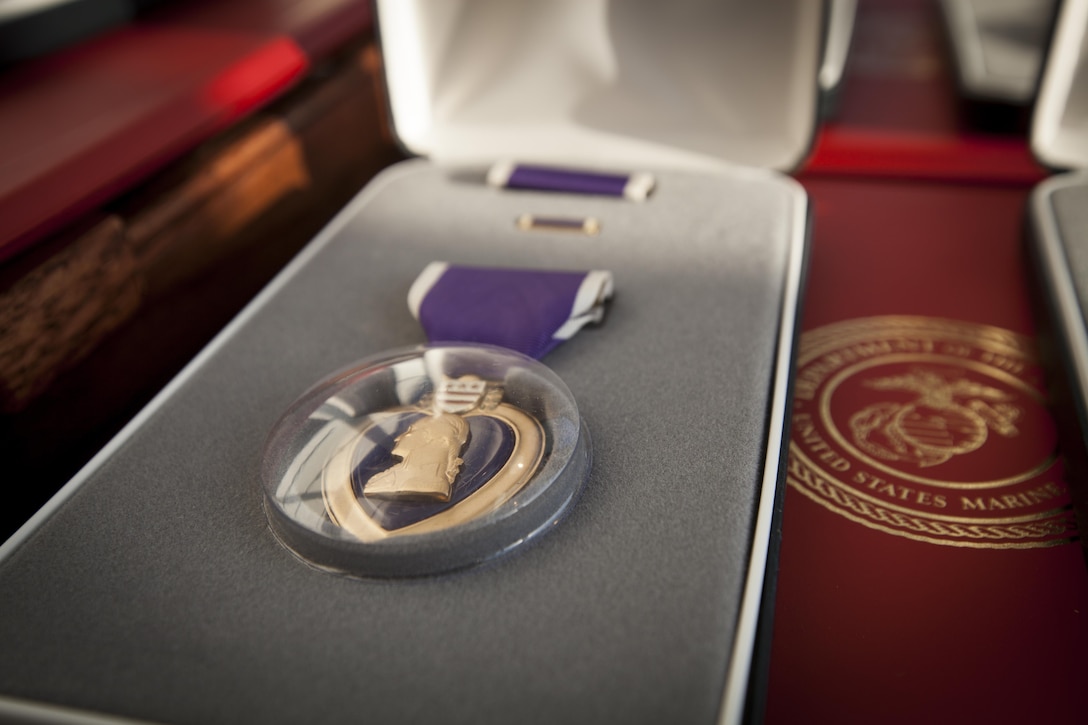 The families of Gunnery Sgt.  Thomas J. Sullivan, Staff Sgt. David Wyatt, Sgt. Carson Holmquist and Lance Cpl. Squire Wells, are presented the Purple Heart honoring the Marines' sacrifice, at the Hunter Museum of American Art in Chattanooga, Tenn., April 20, 2016. The Marines were honored for giving their lives to protect others when they were attacked by a gunman at the Naval Operational Support Center and Marine Corps Reserve Center in Chattanooga on July 16, 2015.(U.S. Marine Corps photo by MSgt. John Lee, II / Released) 