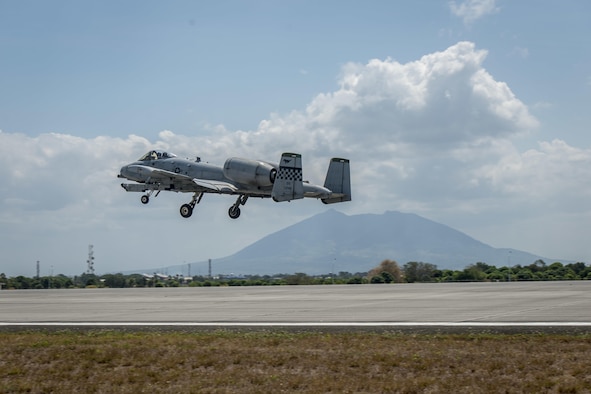 A U.S. Air Force A-10C Thunderbolt II, with the 51st Fighter Wing, Osan Air Base, Republic of Korea, takes off from Clark Air Base, Philippines, April 19, 2016. The A-10Cs flew as part of a newly stood up Air Contingent in the Indo-Asia-Pacific region. The air contingent will promote interoperability and provide greater and more transparent air and maritime situational awareness to ensure safety for military and civilian activities in international waters and airspace. (U.S. Air Force photo by Staff Sgt. Benjamin W. Stratton)
