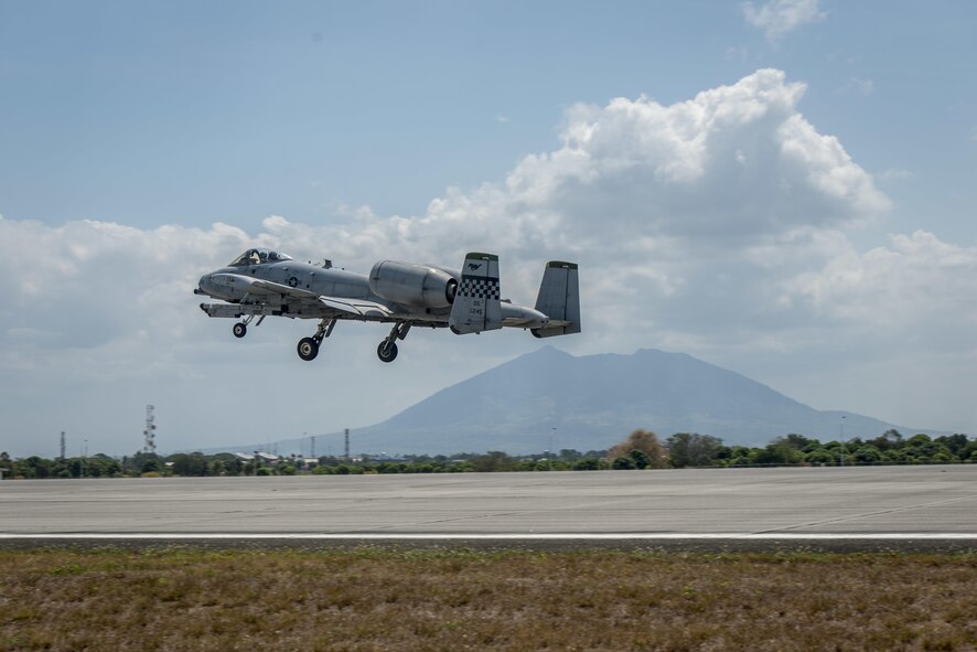 A U.S. Air Force A-10C Thunderbolt II, with the 51st Fighter Wing, Osan Air Base, Republic of Korea, takes off from Clark Air Base, Philippines, April 19, 2016. The A-10Cs flew as part of a newly stood up Air Contingent in the Indo-Asia-Pacific region. The air contingent will promote interoperability and provide greater and more transparent air and maritime situational awareness to ensure safety for military and civilian activities in international waters and airspace. (U.S. Air Force photo by Staff Sgt. Benjamin W. Stratton)