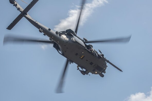A U.S. Air Force HH-60G Pave Hawk helicopter, with the 33rd Rescue Squadron, Kadena Air Base, Japan, flies overhead after taking off from Clark Air Base, Philippines, April 19, 2016. Two HH-60Gs and four A-10C Thunderbolt IIs, with the 51st Fighter Wing, Osan Air Base, Republic of Korea, took off today marking the first mission in a several week long deployment. These missions promote transparency and safety of movement in international waters and airspace, showcasing the U.S. commitment to ally and partner nations and to the Indo-Asia-Pacific region’s continued stability now and for generations to come. (U.S. Air Force photo by Staff Sgt. Benjamin W. Stratton)