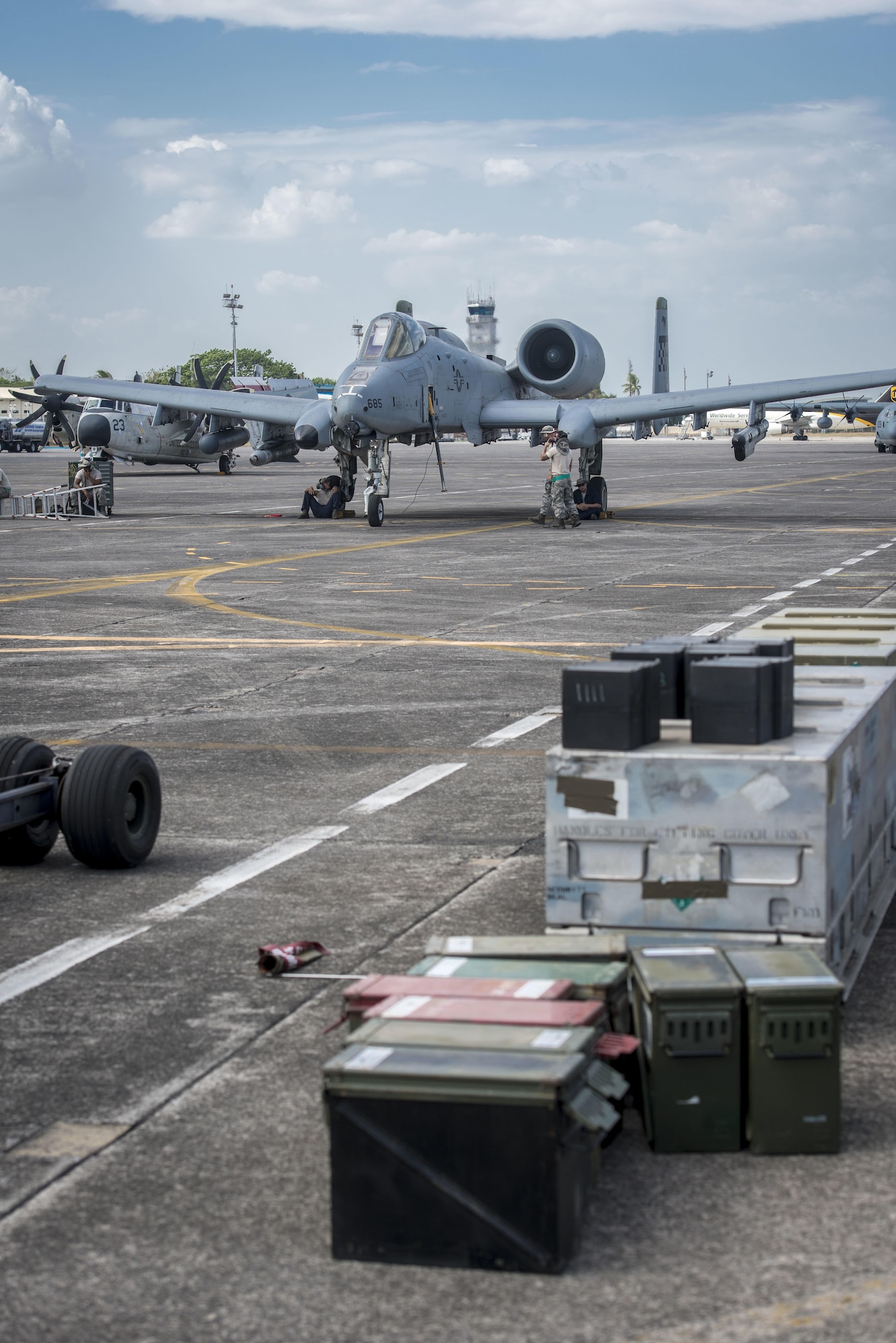 A U.S. Air Force A-10C Thunderbolt II, with the 51st Fighter Wing, Osan Air Base, Republic of Korea, is prepped for a mission out of Clark Air Base, Philippines, April 19, 2016. The A-10C is here as part of a newly stood up Air Contingent conducting operations ranging from air and maritime domain awareness, personnel recovery, combating piracy, and assurance all nations have access to the regional air and maritime domains in accordance with international law. The A-10 is capable of loitering close to the surface for extended periods to allow for excellent visibility over land and sea domains. Through these missions, U.S. Pacific Command and the Philippine military seek to provide transparent maritime situational awareness while ensuring safety of military and civilian operations in international waters and airspace. (U.S. Air Force photo by Staff Sgt. Benjamin W. Stratton)